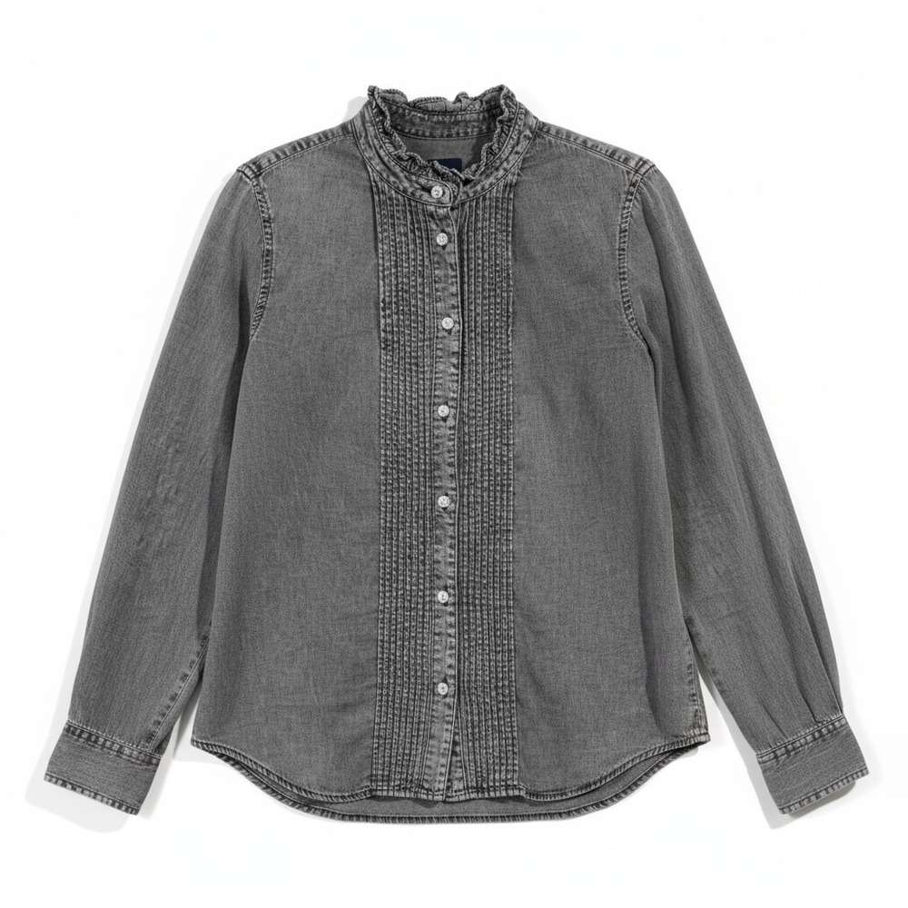 Gap‎ Women's Gray Ruffle Neck Pintuck Jeweled Blouse Cottage Organic Cotton L